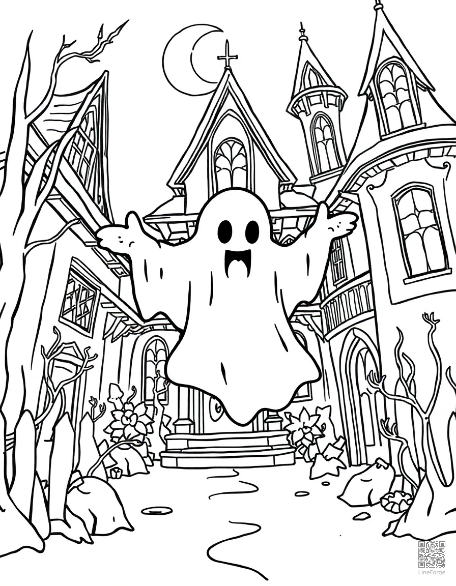 ghost floating through a haunted mansion coloring page Contour style - free printable