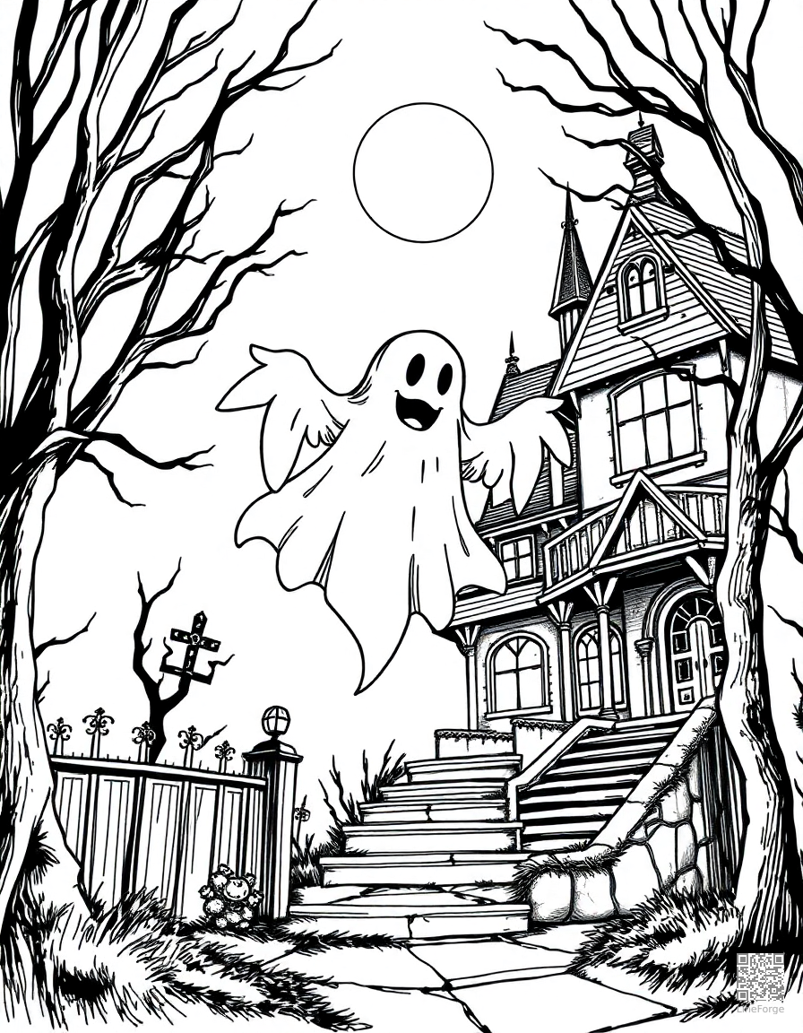ghost floating through a haunted mansion coloring page Crosshatch style - free printable