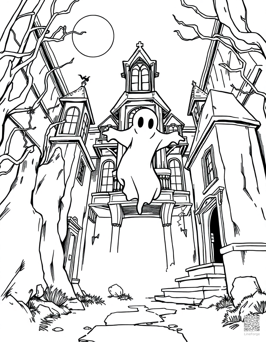 ghost floating through a haunted mansion coloring page Manga style - free printable