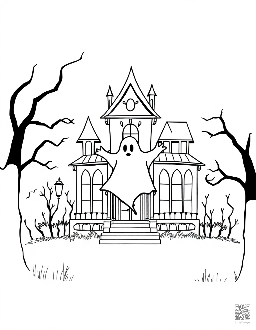 ghost floating through a haunted mansion coloring page Minimal style - free printable