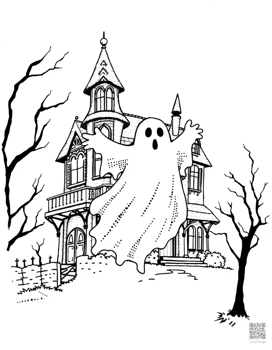 ghost floating through a haunted mansion coloring page Stipple style - free printable