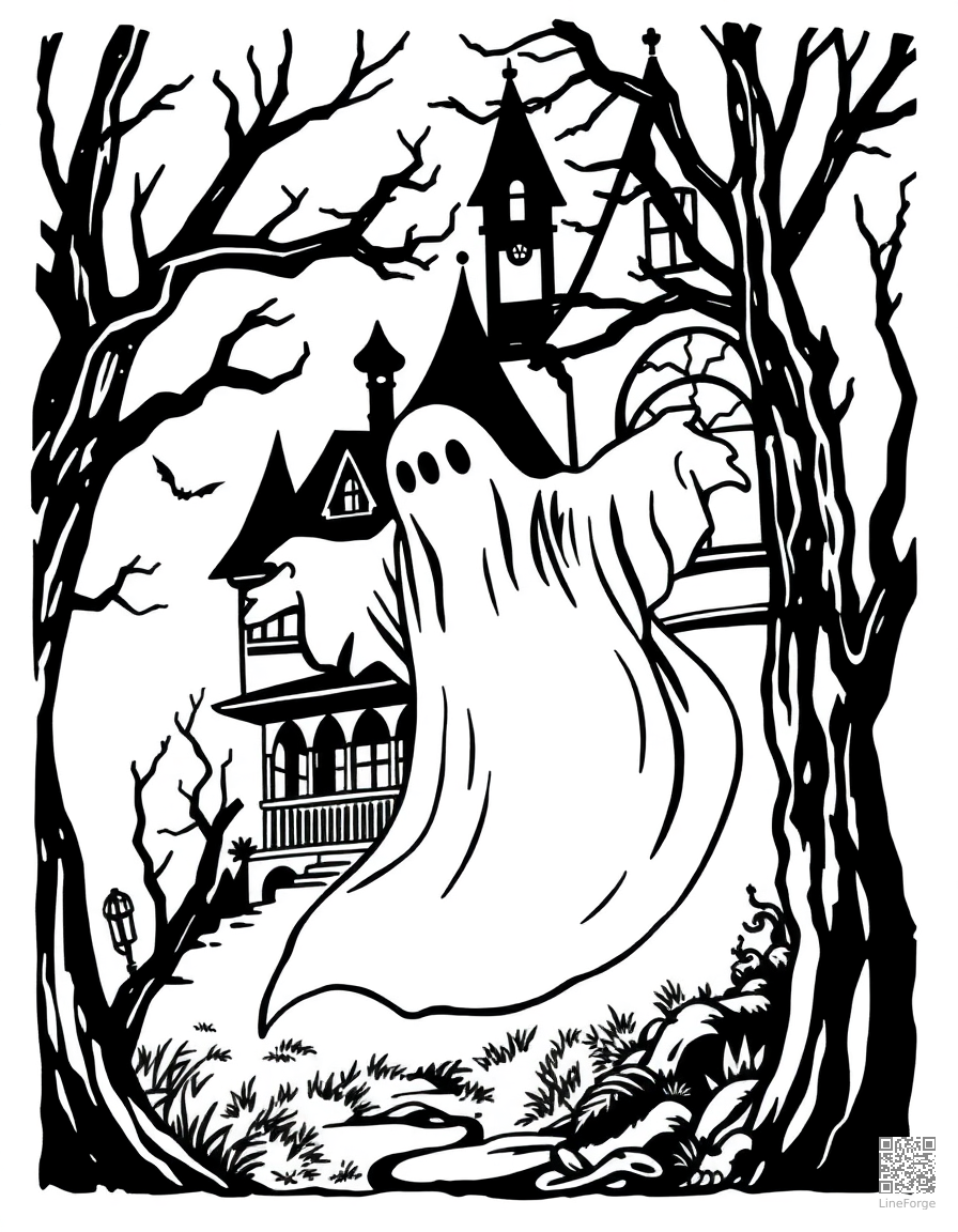 ghost floating through a haunted mansion coloring page Woodcut style - free printable