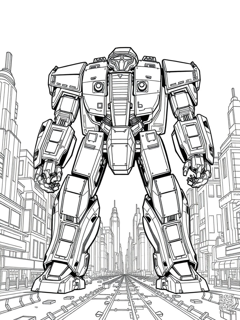 Free giant mech robot in a futuristic city coloring page in contour style — printable line art