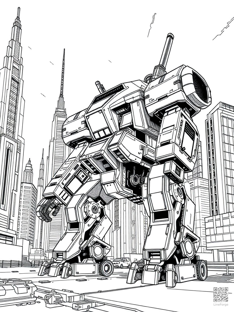 Free giant mech robot in a futuristic city coloring page in crosshatch style — printable line art
