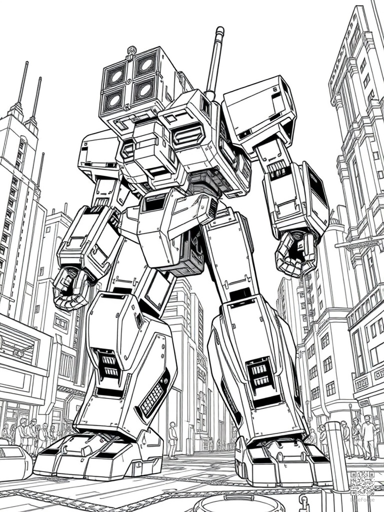Free giant mech robot in a futuristic city coloring page in manga style — printable line art