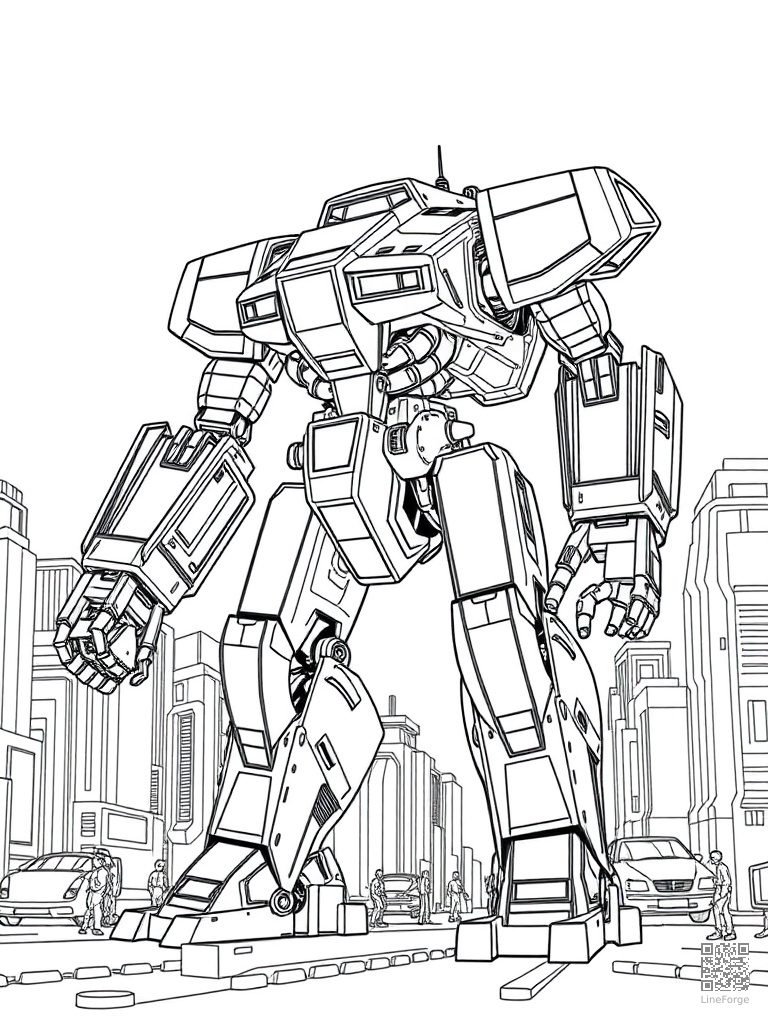 Giant mech robot in a futuristic city coloring page Minimal style - free printable
