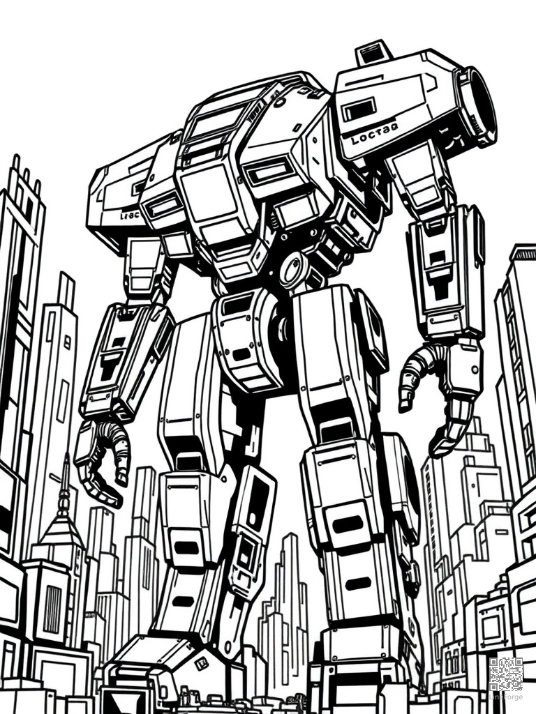 Giant mech robot in a futuristic city coloring page Woodcut style - free printable