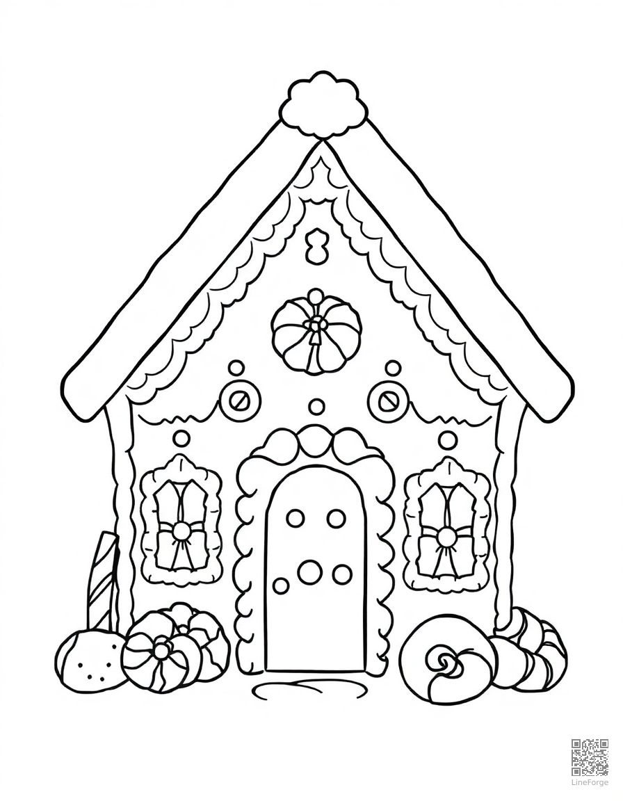 Gingerbread house with candy decorations coloring page Contour style - free printable