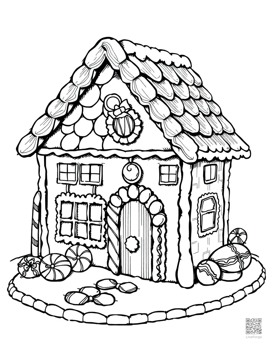 Gingerbread house with candy decorations coloring page Crosshatch style - free printable