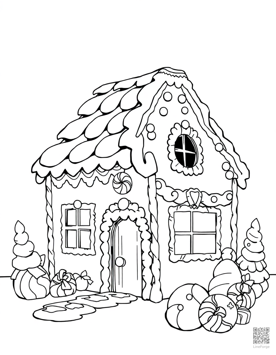 Gingerbread house with candy decorations coloring page Manga style - free printable
