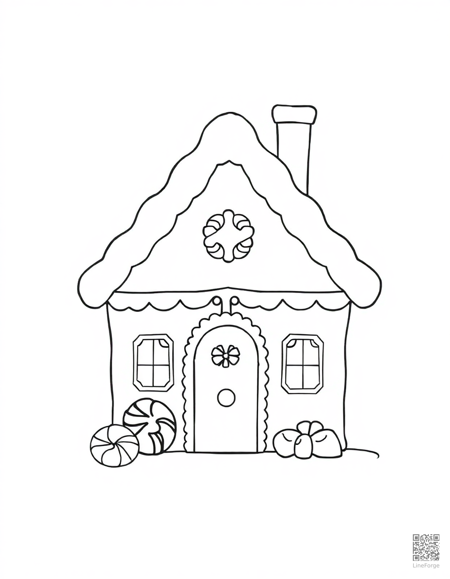 Gingerbread house with candy decorations coloring page Minimal style - free printable