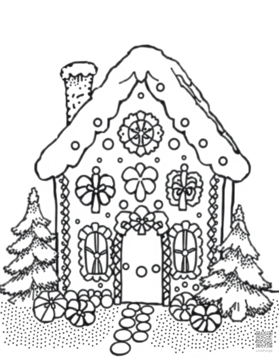 Gingerbread house with candy decorations coloring page Stipple style - free printable