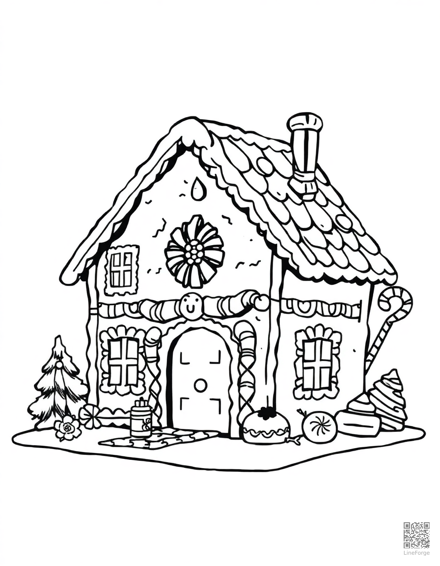 Gingerbread house with candy decorations coloring page Woodcut style - free printable