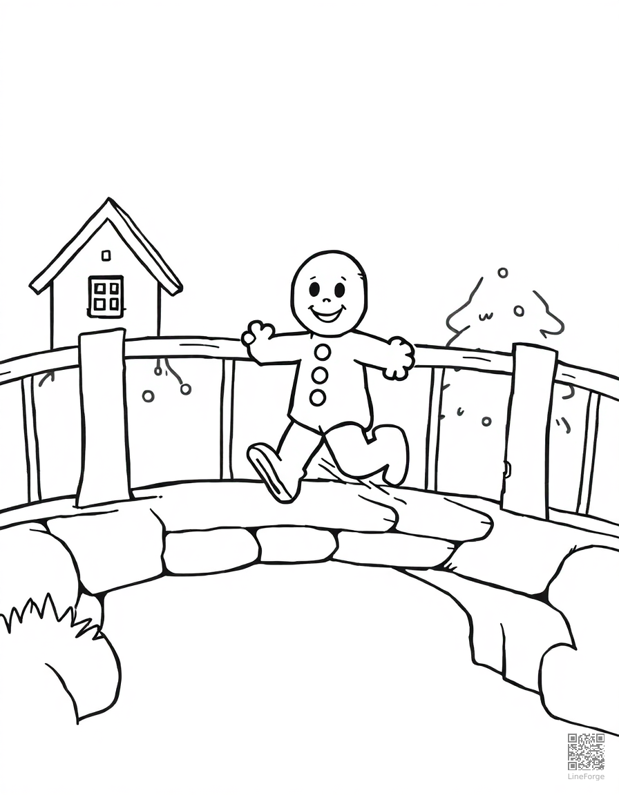 gingerbread man running across a bridge coloring page Contour style - free printable