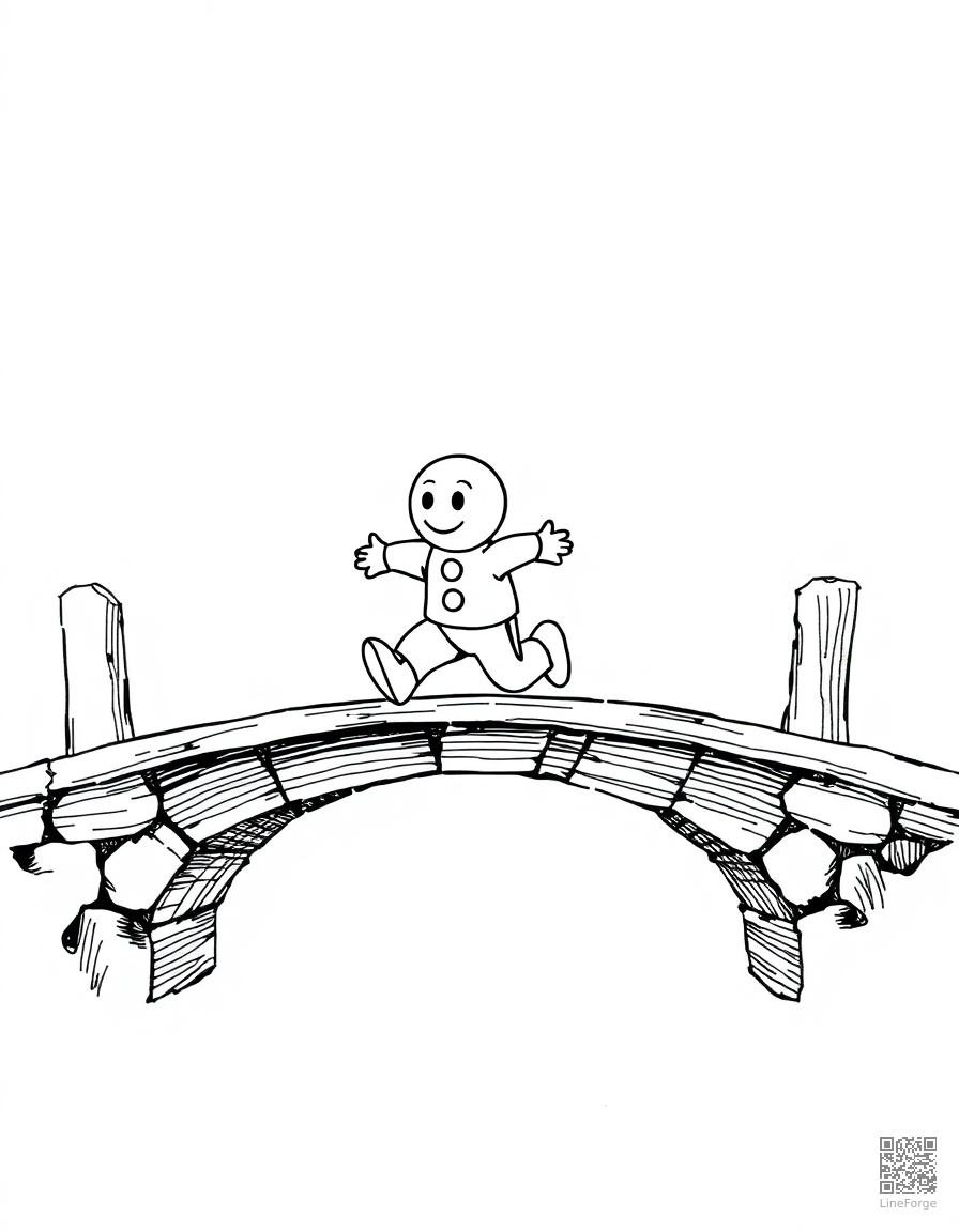 gingerbread man running across a bridge coloring page Crosshatch style - free printable