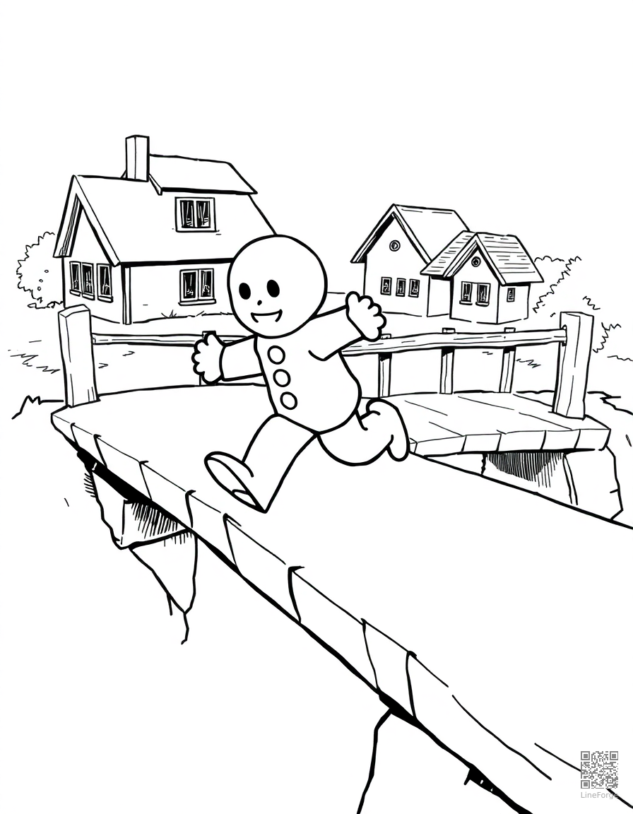 gingerbread man running across a bridge coloring page Manga style - free printable