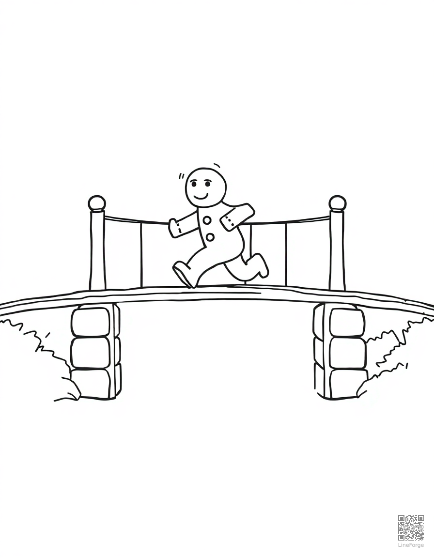 gingerbread man running across a bridge coloring page Minimal style - free printable