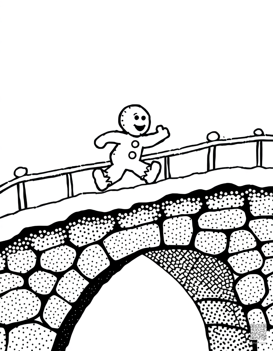 gingerbread man running across a bridge coloring page Stipple style - free printable