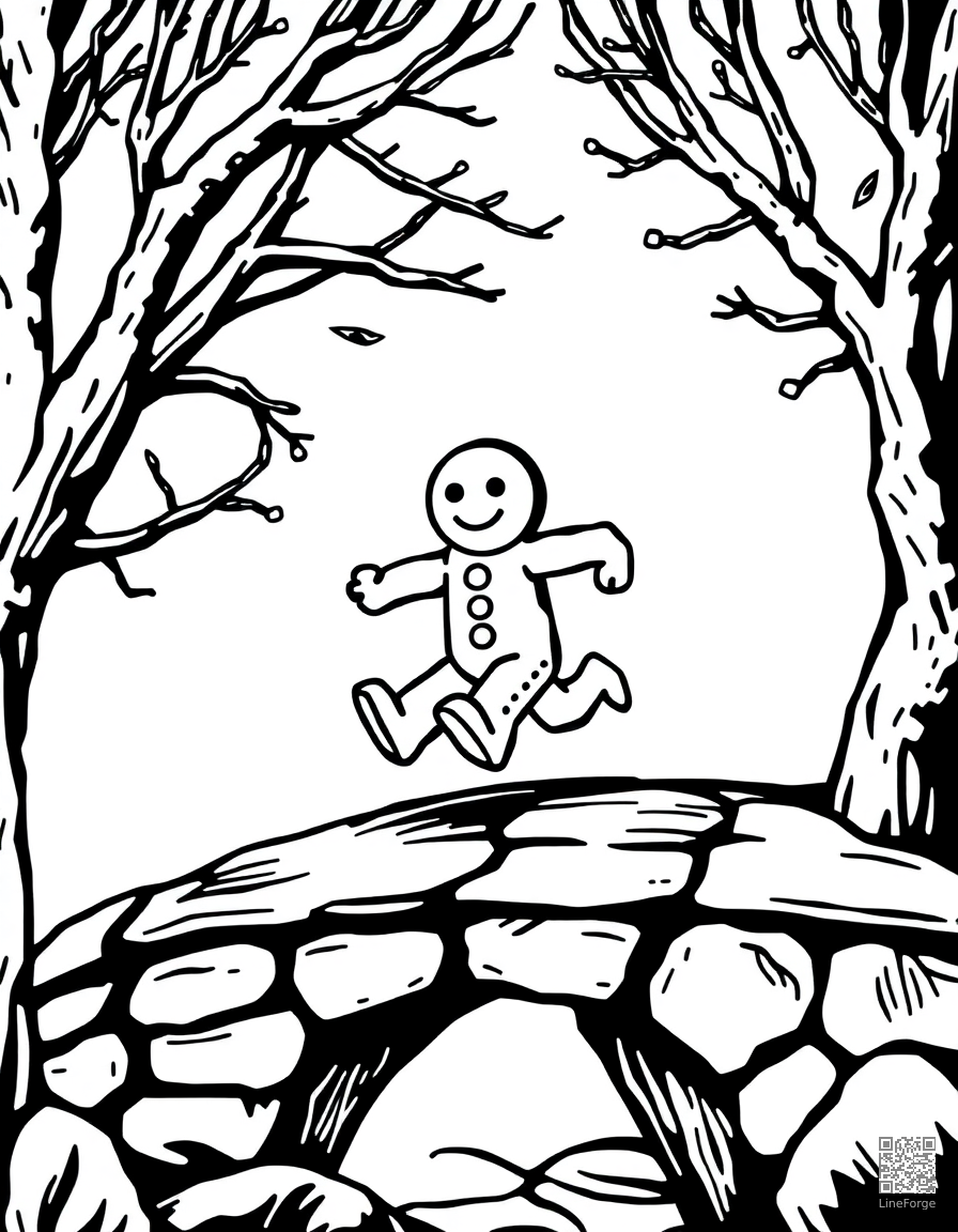 gingerbread man running across a bridge coloring page Woodcut style - free printable