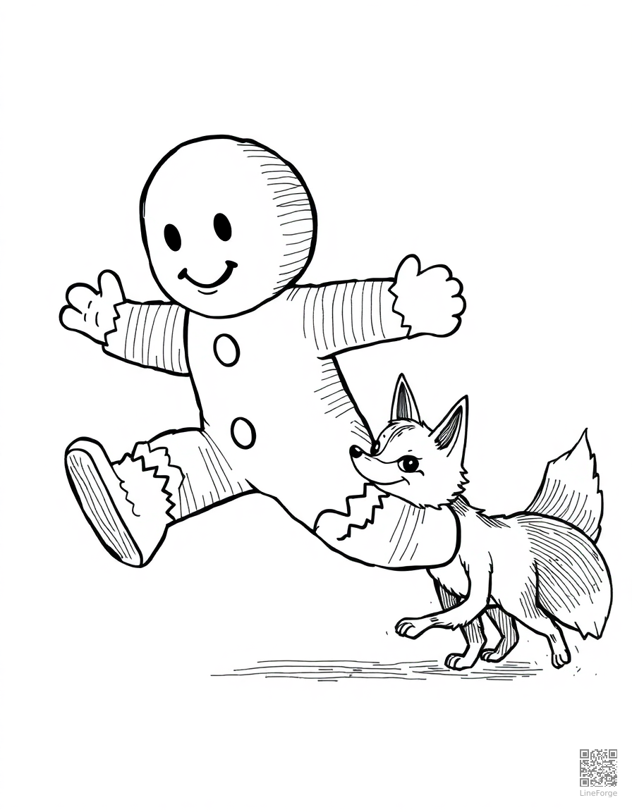 gingerbread man running from a fox coloring page Crosshatch style - free printable