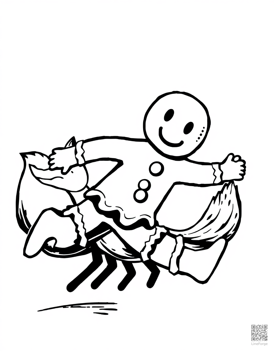 gingerbread man running from a fox coloring page Woodcut style - free printable