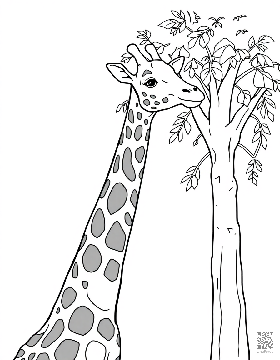 Giraffe eating from a tall tree coloring page Contour style - free printable