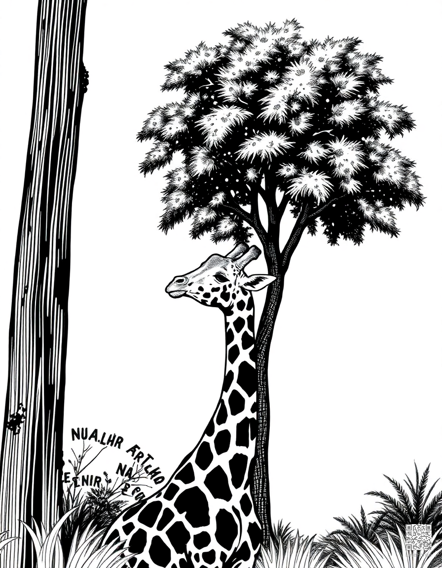 Giraffe eating from a tall tree coloring page Crosshatch style - free printable