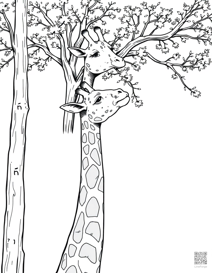 Giraffe eating from a tall tree coloring page Manga style - free printable