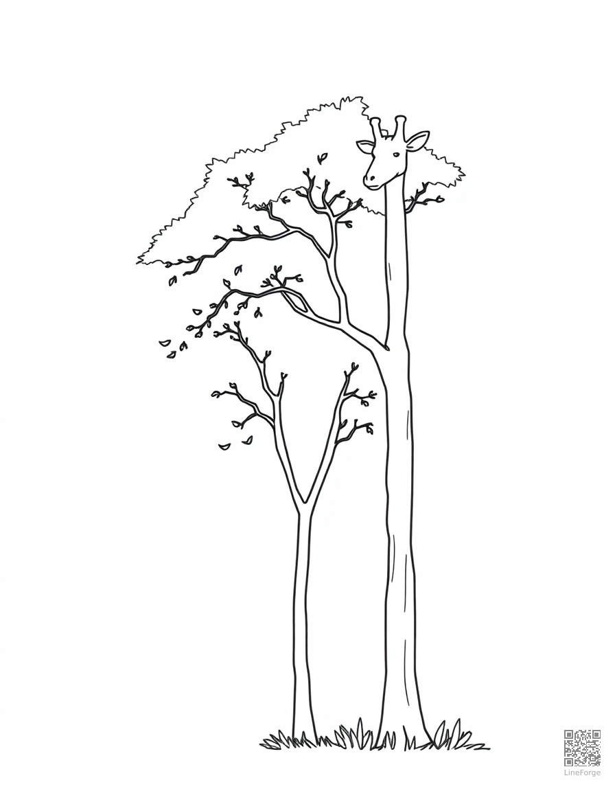 Giraffe eating from a tall tree coloring page Minimal style - free printable