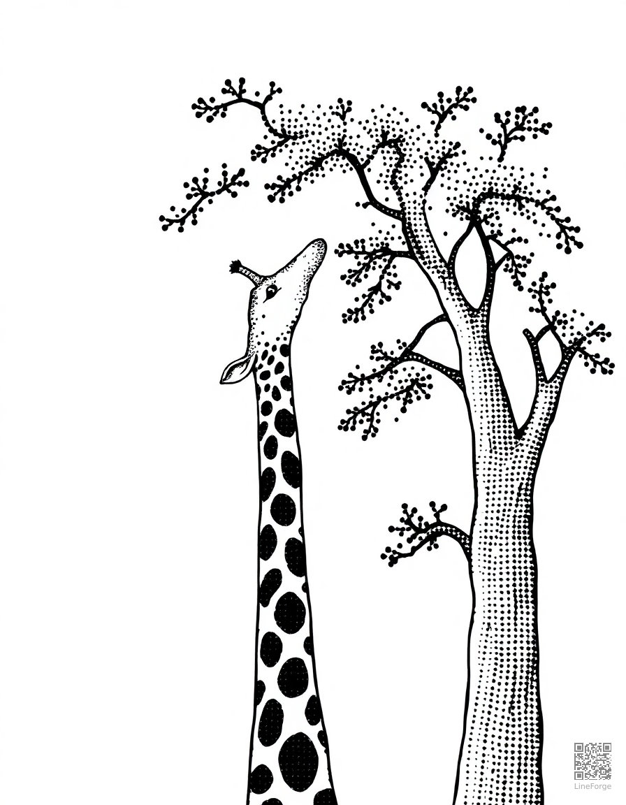 Giraffe eating from a tall tree coloring page Stipple style - free printable