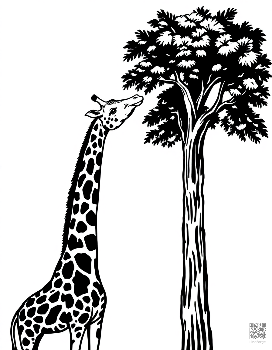 Giraffe eating from a tall tree coloring page Woodcut style - free printable