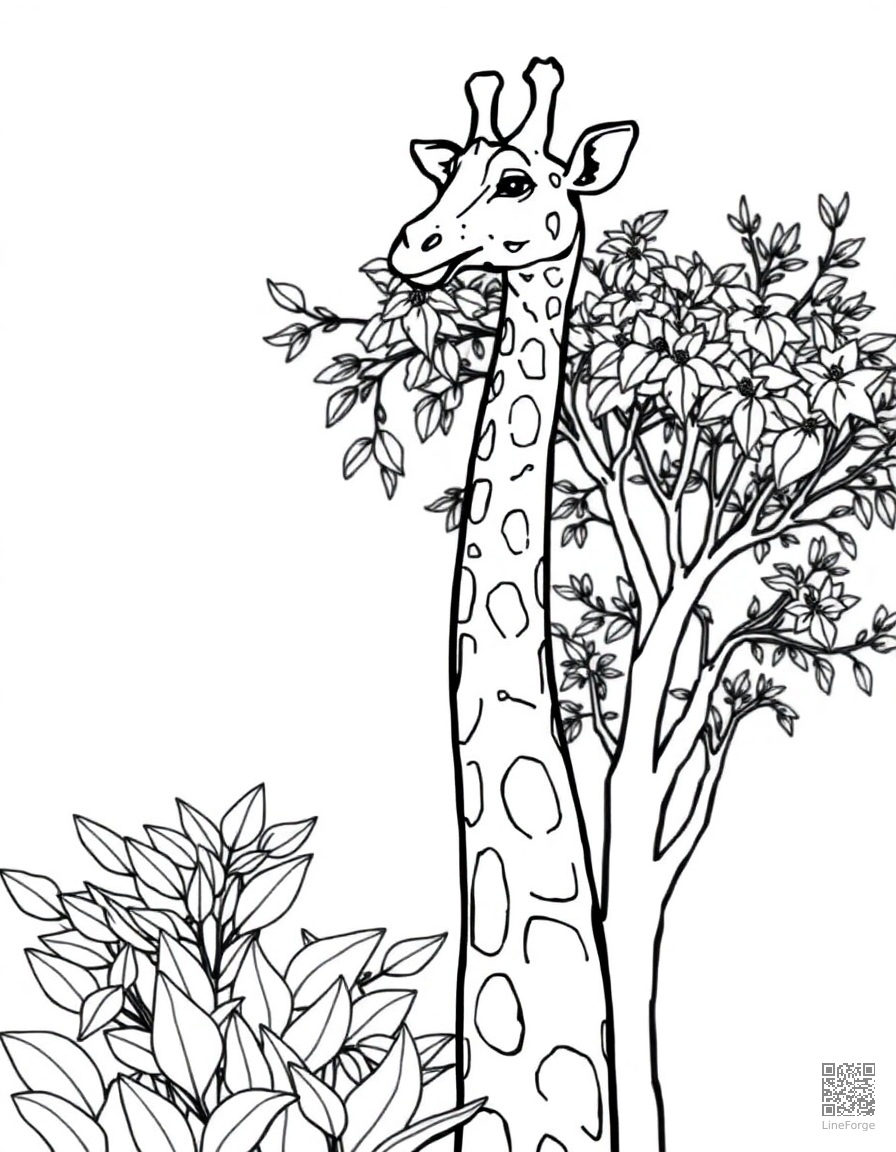 giraffe eating leaves from a tall acacia tree coloring page Contour style - free printable
