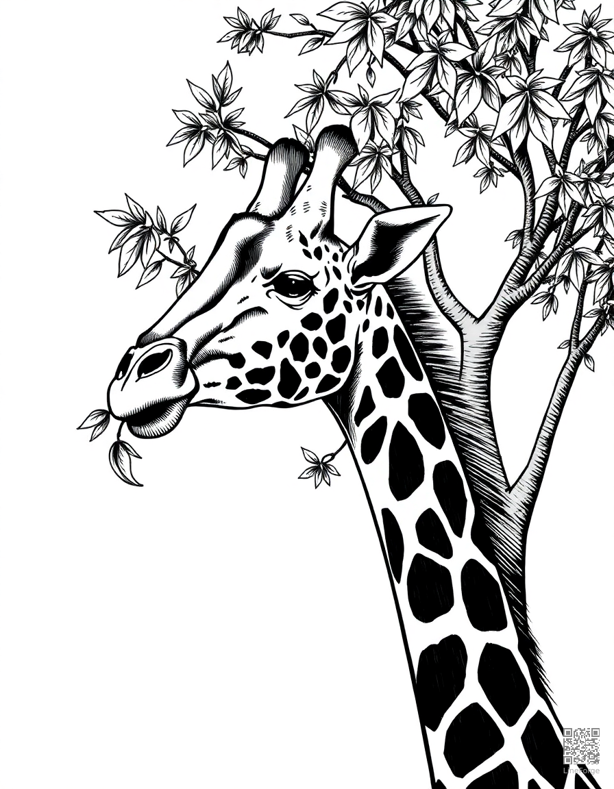 giraffe eating leaves from a tall acacia tree coloring page Crosshatch style - free printable