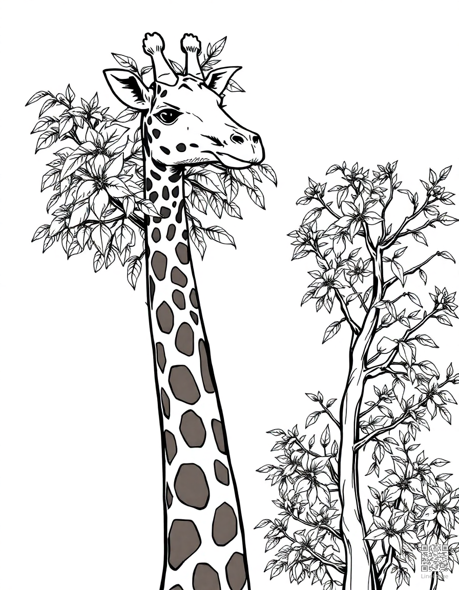 giraffe eating leaves from a tall acacia tree coloring page Manga style - free printable