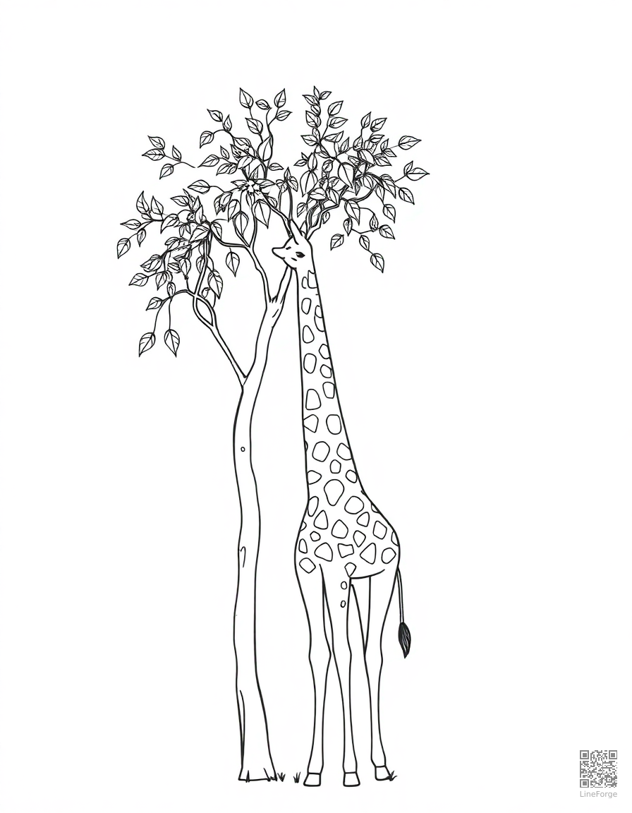 giraffe eating leaves from a tall acacia tree coloring page Minimal style - free printable