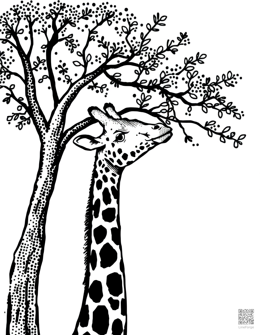 giraffe eating leaves from a tall acacia tree coloring page Stipple style - free printable