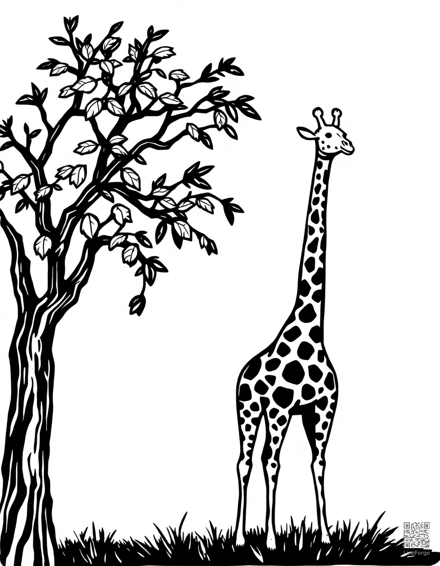 giraffe eating leaves from a tall acacia tree coloring page Woodcut style - free printable