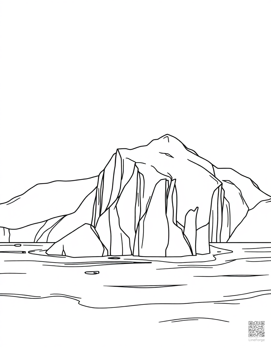 glacier calving into arctic water coloring page Contour style - free printable
