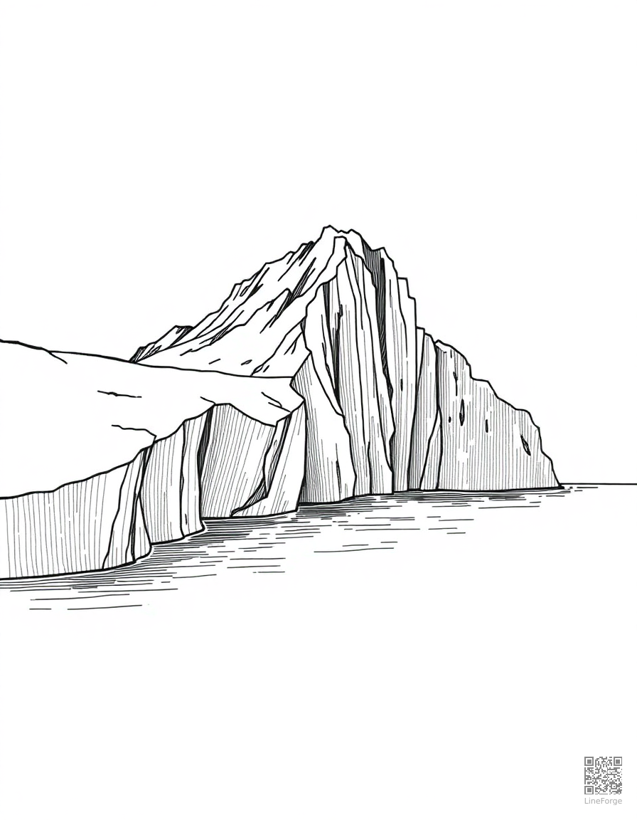 glacier calving into arctic water coloring page Crosshatch style - free printable