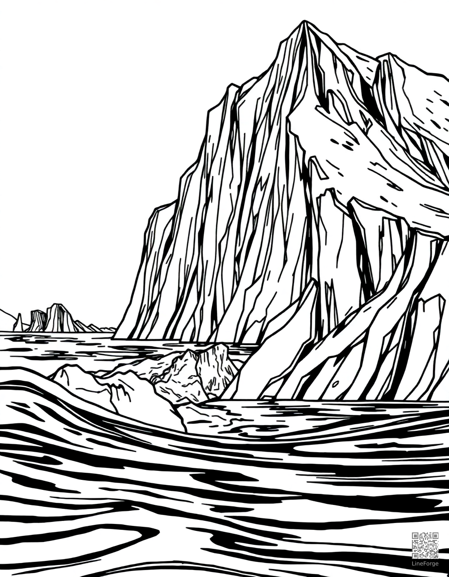 glacier calving into arctic water coloring page Manga style - free printable