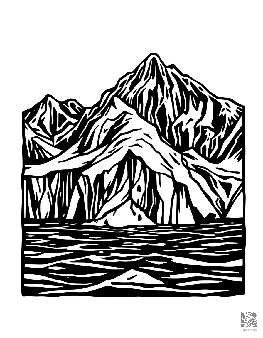 glacier calving into arctic water coloring page Woodcut style - free printable