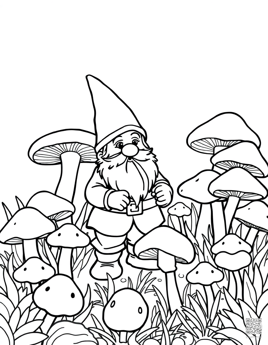 gnome tending a garden of giant mushrooms coloring page Contour style - free printable