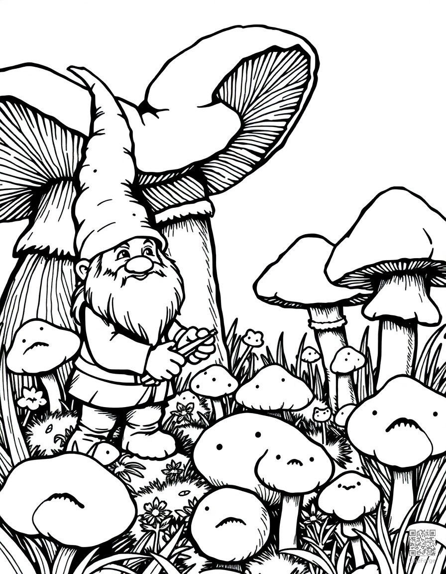 Free gnome tending a garden of giant mushrooms coloring page in crosshatch style — printable line art