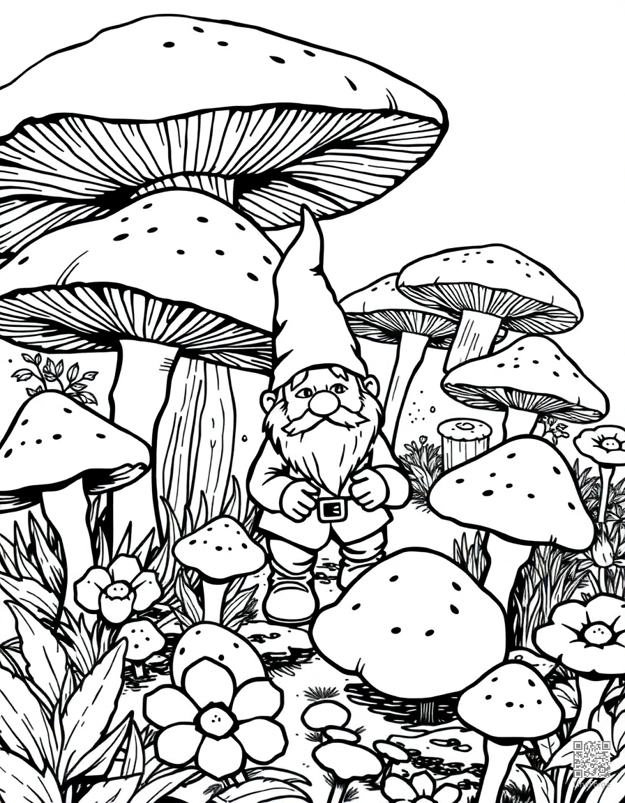 Free gnome tending a garden of giant mushrooms coloring page in manga style — printable line art
