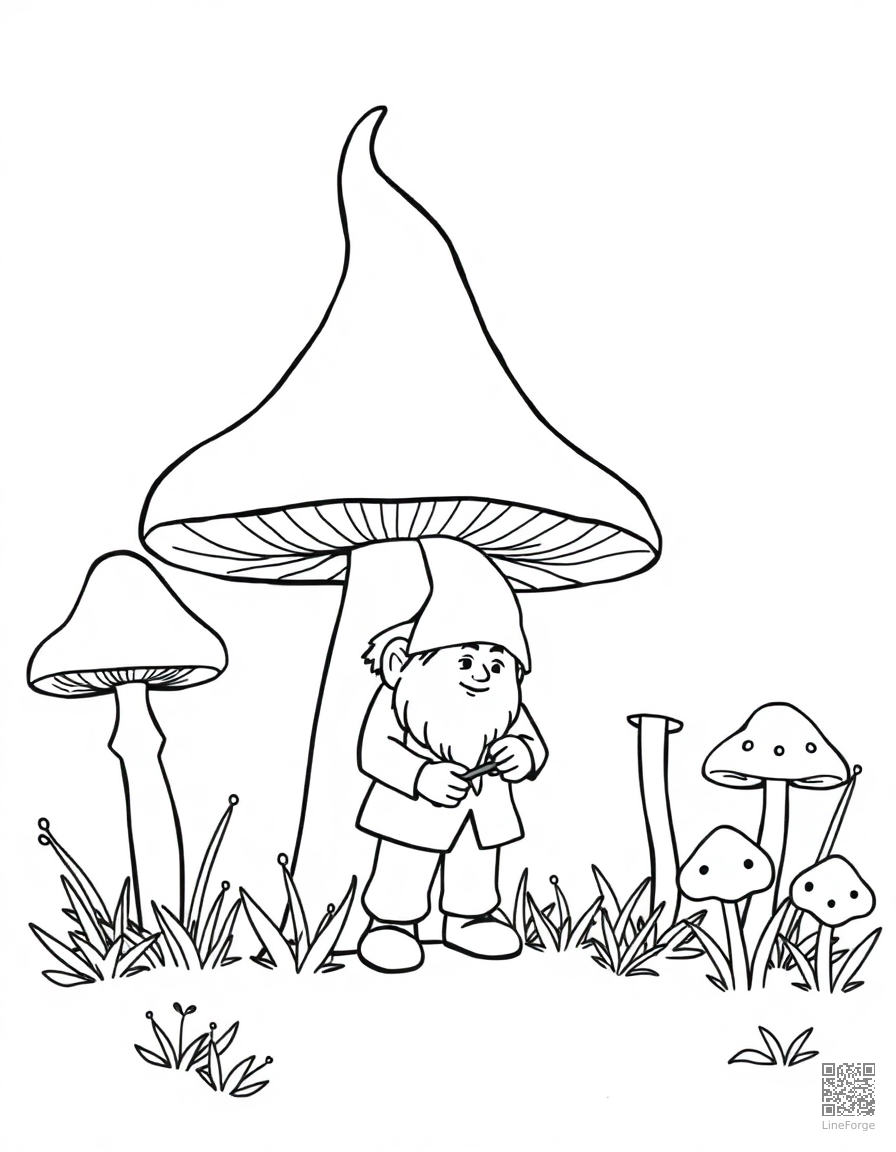 gnome tending a garden of giant mushrooms coloring page Minimal style - free printable