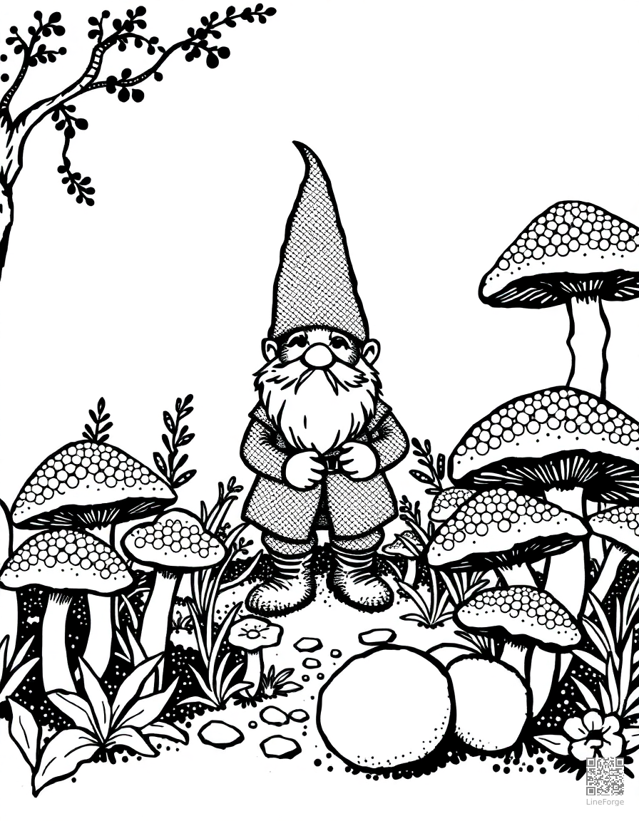 Free gnome tending a garden of giant mushrooms coloring page in stipple style — printable line art
