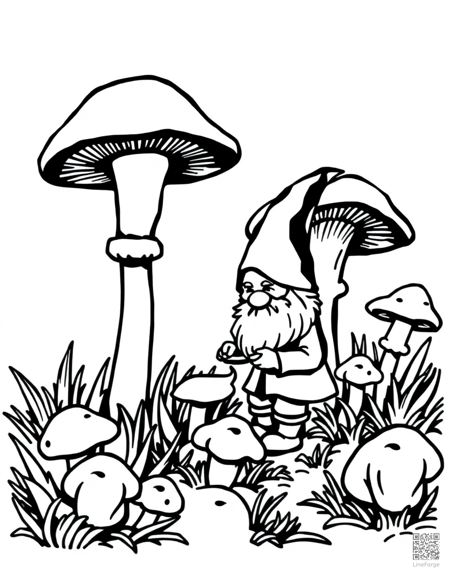 gnome tending a garden of giant mushrooms coloring page Woodcut style - free printable