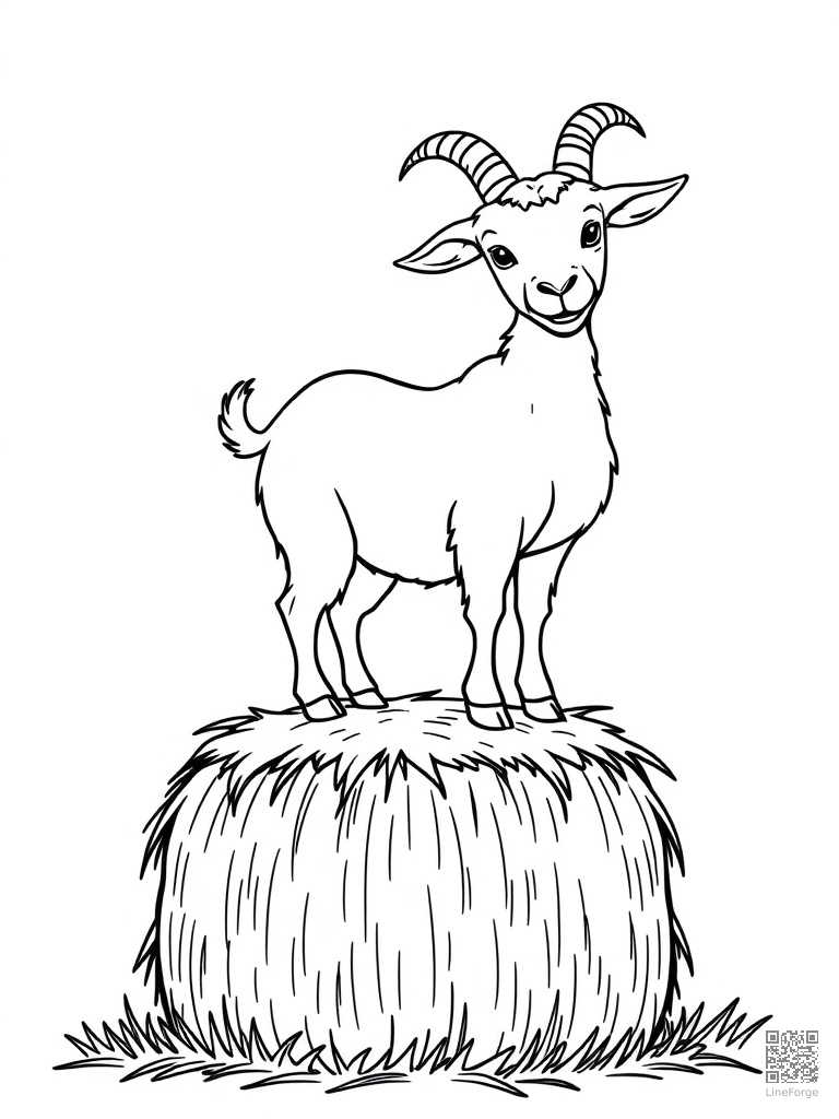 Free goat standing on top of a hay bale coloring page in contour style — printable line art