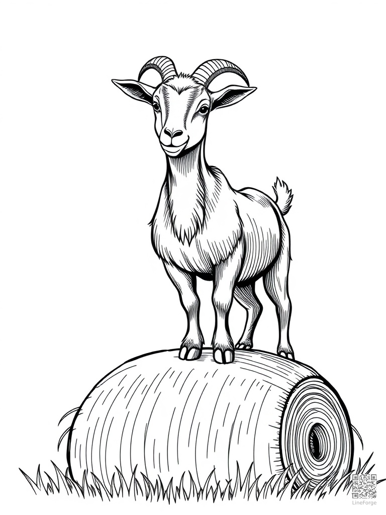 Goat standing on top of a hay bale coloring page Crosshatch style free printable