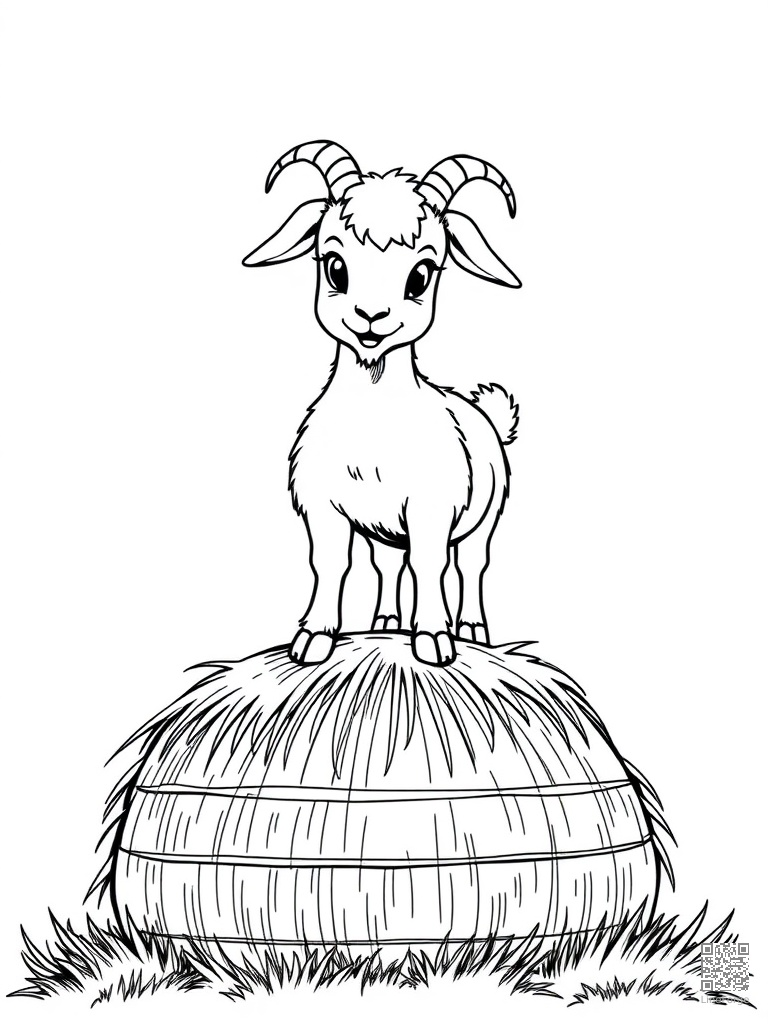 Free goat standing on top of a hay bale coloring page in manga style — printable line art